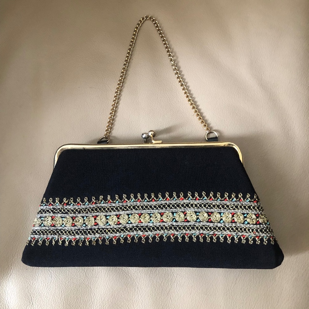 Small black evening purse embroidery clutch